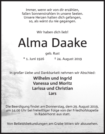 Anzeige von Alma Daake von Mindener Tageblatt