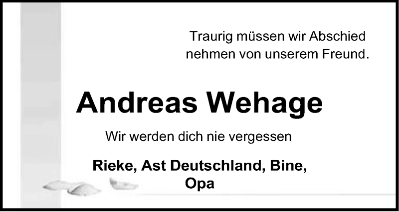  Traueranzeige für Andreas Wehage vom 10.08.2019 aus Mindener Tageblatt