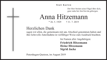 Anzeige von Anna Hitzemann von Mindener Tageblatt