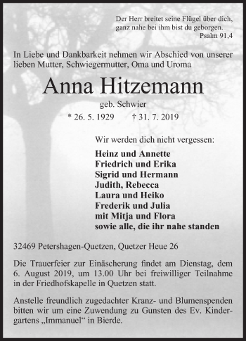 Anzeige von Anna Hitzemann von Mindener Tageblatt