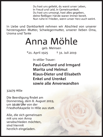 Anzeige von Anna Möhle von Mindener Tageblatt