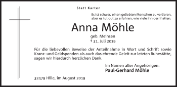 Anzeige von Anna Möhle von Mindener Tageblatt