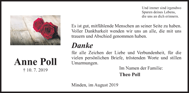  Traueranzeige für Anne Poll vom 17.08.2019 aus Mindener Tageblatt