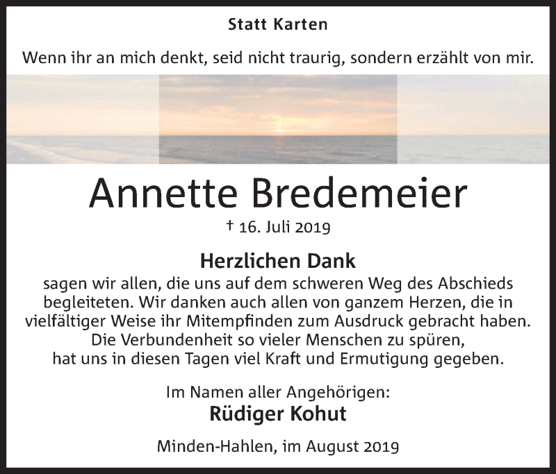  Traueranzeige für Annette Bredemeier vom 10.08.2019 aus Mindener Tageblatt