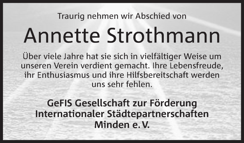  Traueranzeige für Annette Strothmann vom 31.08.2019 aus Mindener Tageblatt