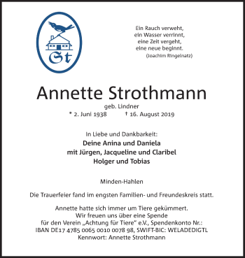 Anzeige von Annette Strothmann von Mindener Tageblatt