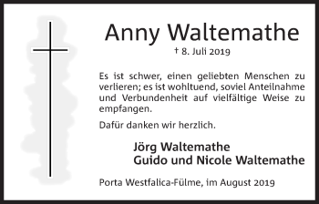 Anzeige von Anny Waltemathe von Mindener Tageblatt