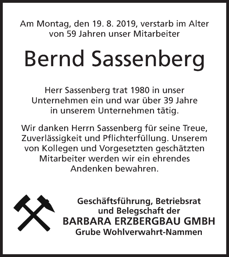  Traueranzeige für Bernd Sassenberg vom 24.08.2019 aus Mindener Tageblatt