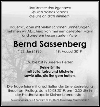 Anzeige von Bernd Sassenberg von Mindener Tageblatt