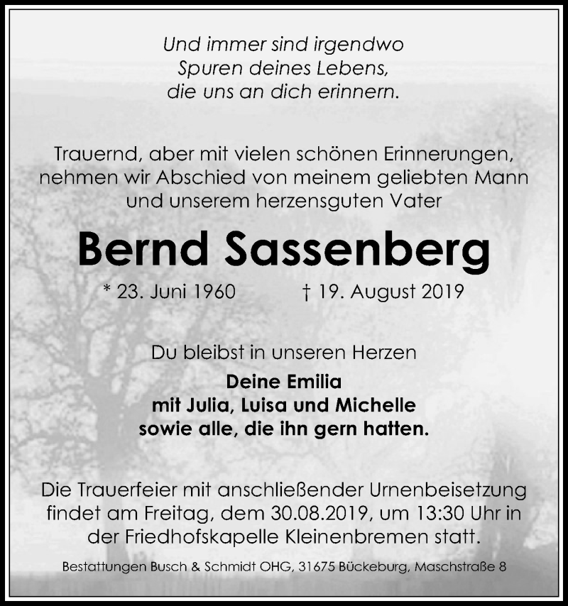  Traueranzeige für Bernd Sassenberg vom 24.08.2019 aus Mindener Tageblatt