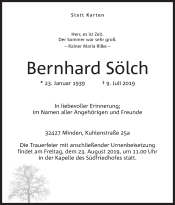 Anzeige von Bernhard Sölch von Mindener Tageblatt
