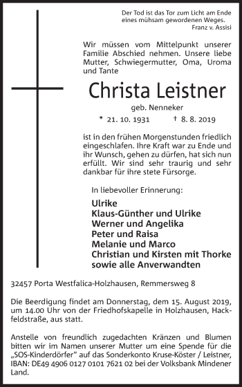 Anzeige von Christa Leistner von Mindener Tageblatt