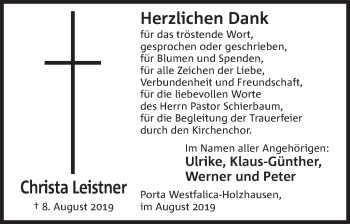 Anzeige von Christa Leistner von Mindener Tageblatt