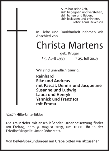 Anzeige von Christa Martens von Mindener Tageblatt