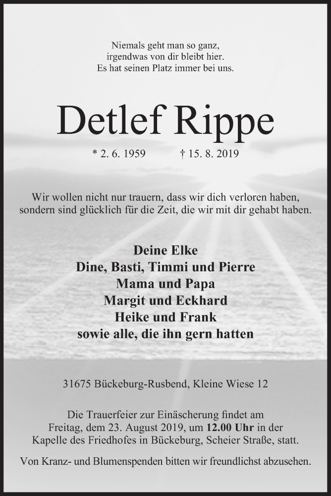  Traueranzeige für Detlef Rippe vom 19.08.2019 aus Mindener Tageblatt