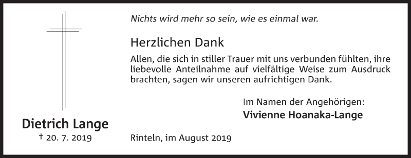  Traueranzeige für Dietrich Lange vom 31.08.2019 aus Mindener Tageblatt