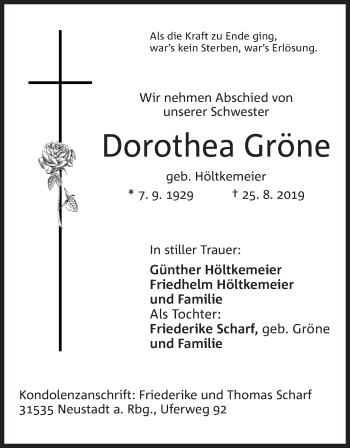Anzeige von Dorothea Gröne von Mindener Tageblatt