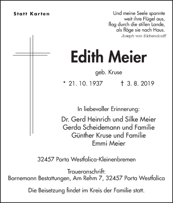Anzeige von Edith Meier von Mindener Tageblatt