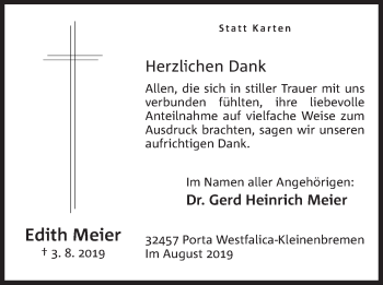 Anzeige von Edith Meier von Mindener Tageblatt
