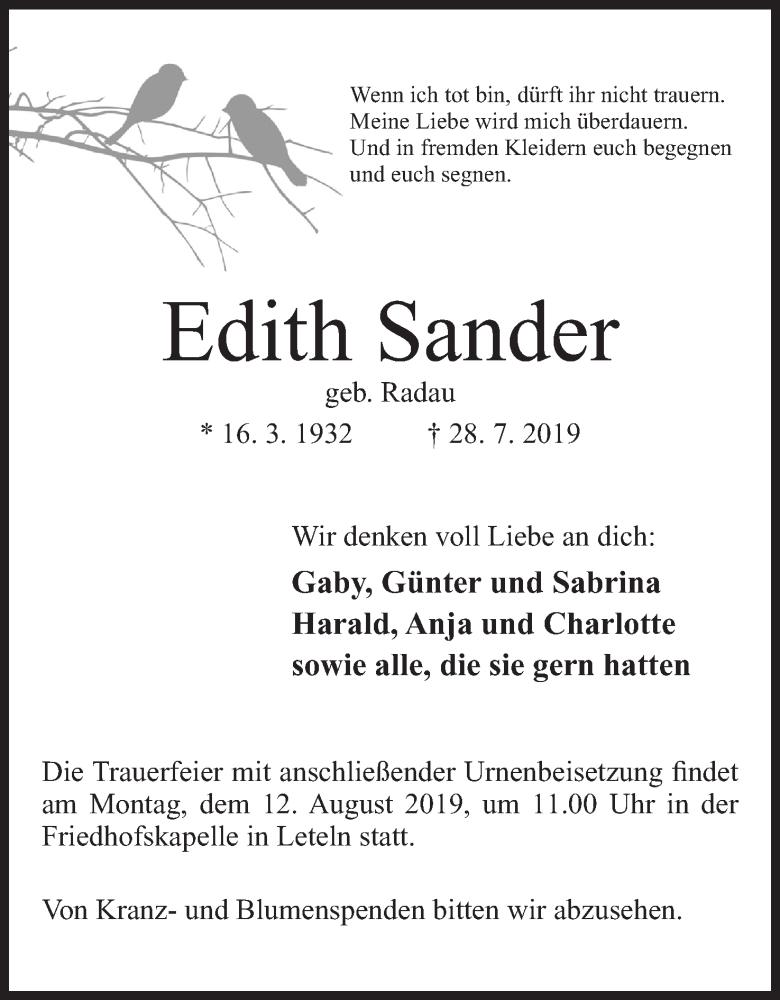 Traueranzeige für Edith Sander vom 03.08.2019 aus Mindener Tageblatt