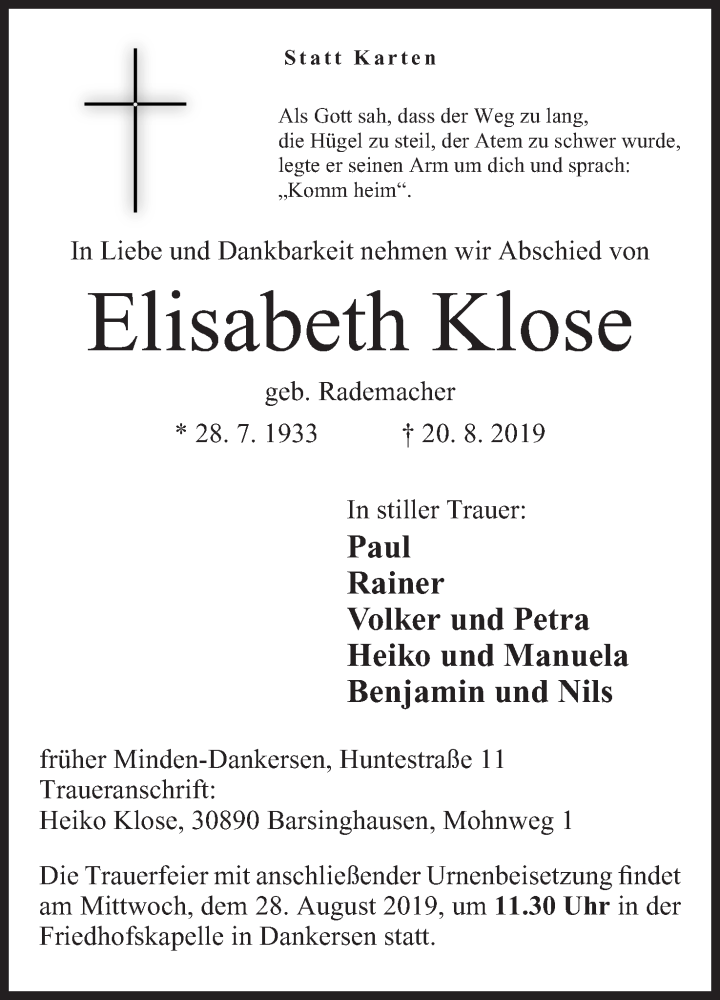  Traueranzeige für Elisabeth Klose vom 24.08.2019 aus Mindener Tageblatt