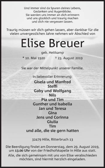 Anzeige von Elise Breuer von Mindener Tageblatt