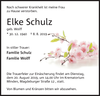 Anzeige von Elke Schulz von Mindener Tageblatt