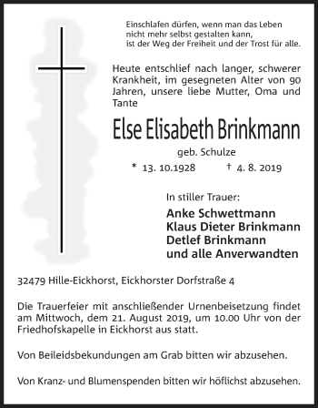 Anzeige von Else Elisabeth Brinkmann von Mindener Tageblatt