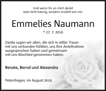 Anzeige von Emmelies Naumann von Mindener Tageblatt