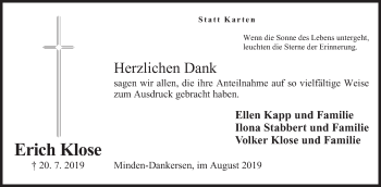 Anzeige von Erich Klose von Mindener Tageblatt