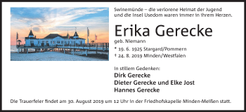 Anzeige von Erika Gerecke von Mindener Tageblatt