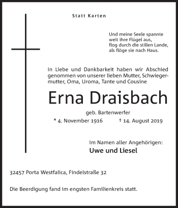 Anzeige von Erna Draisbach von Mindener Tageblatt