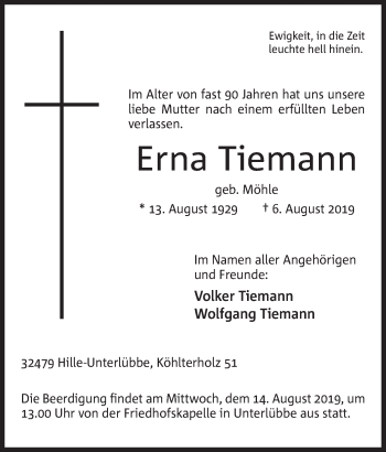 Anzeige von Erna Tiemann von Mindener Tageblatt