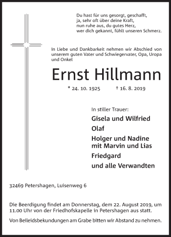 Anzeige von Ernst Hillmann von Mindener Tageblatt