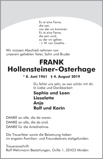 Anzeige von Frank Hollensteiner-Osterhage von Mindener Tageblatt