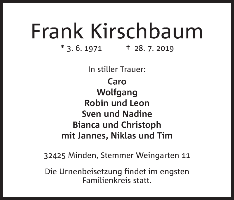  Traueranzeige für Frank Kirschbaum vom 02.08.2019 aus Mindener Tageblatt