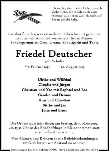 Anzeige von Friedel Deutscher von Mindener Tageblatt