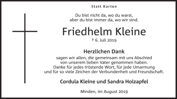 Anzeige von Friedhelm Kleine von Mindener Tageblatt