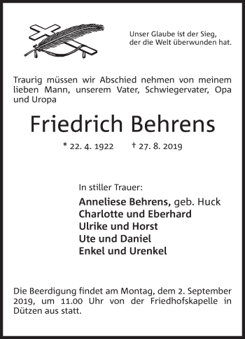 Anzeige von Friedrich Behrens von Mindener Tageblatt