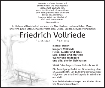 Anzeige von Friedrich Vollriede von Mindener Tageblatt