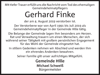 Anzeige von Gerhard Finke von Mindener Tageblatt