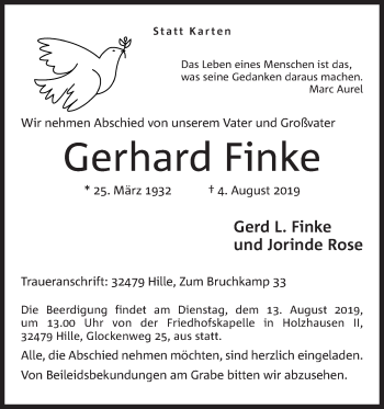 Anzeige von Gerhard Finke von Mindener Tageblatt