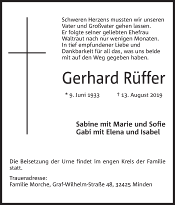 Anzeige von Gerhard Rüffer von Mindener Tageblatt