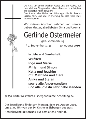 Anzeige von Gerlinde Ostermeier von Mindener Tageblatt