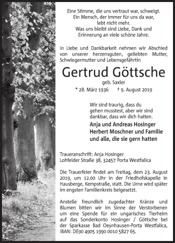 Anzeige von Gertrud Göttsche von Mindener Tageblatt