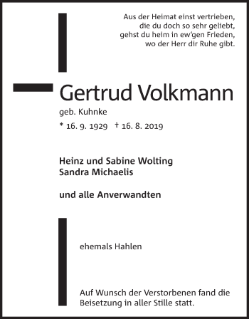 Anzeige von Gertrud Volkmann von Mindener Tageblatt