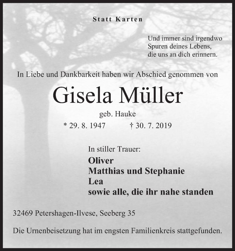  Traueranzeige für Gisela Müller vom 10.08.2019 aus Mindener Tageblatt