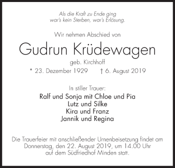 Anzeige von Gudrun Krüdewagen von Mindener Tageblatt