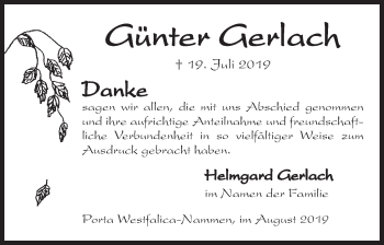 Anzeige von Günter Gerlach von Mindener Tageblatt
