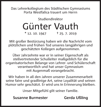 Anzeige von Günter Vauth von Mindener Tageblatt